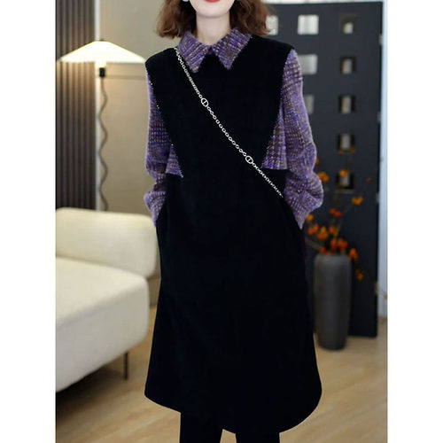 韩版时尚减龄拼接POLO领连衣裙2026秋冬新款洋气高级感显瘦A字裙