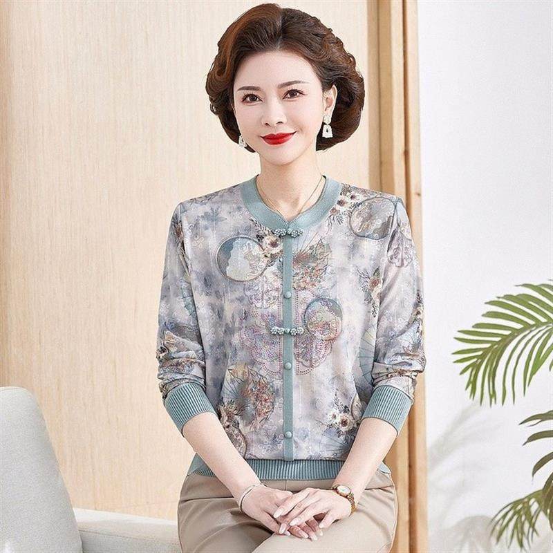 妈妈春装纯棉长袖T恤上衣洋气套装中老年女春秋季针织打底棉毛衫