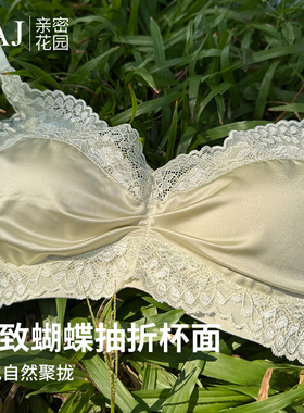 CAJ轻薄蝴蝶蕾丝轻奢缎面V领丝光性感无钢圈舒适小胸聚拢文胸内衣