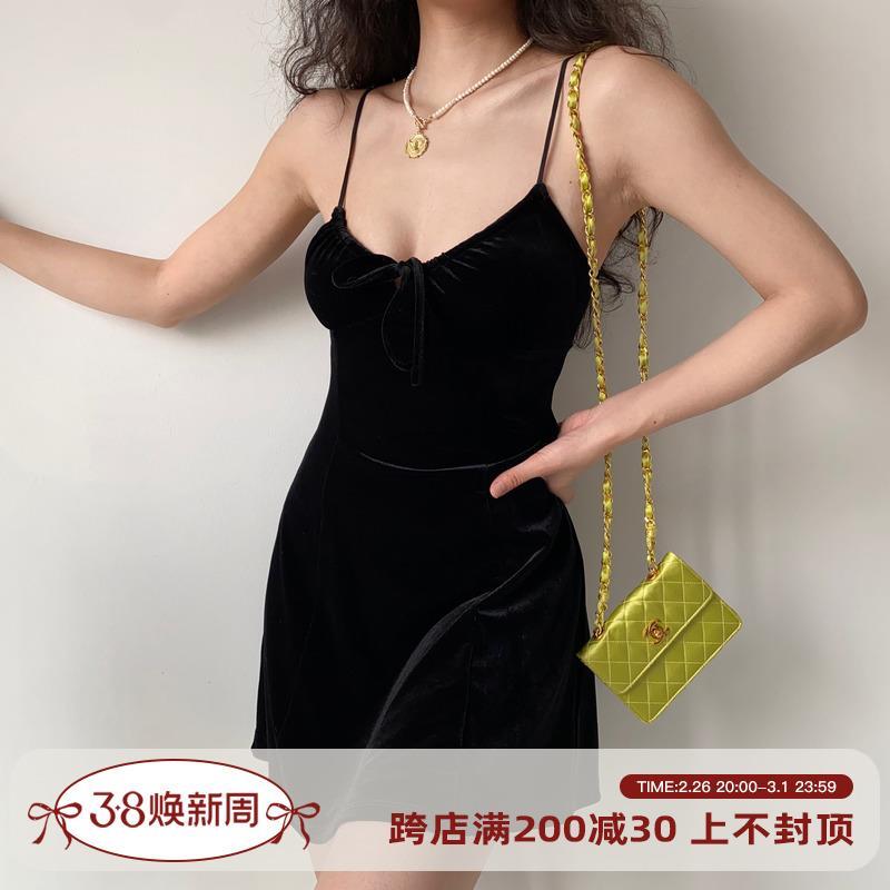 Go Girl Go 自制欧美风性感系带黑色丝绒吊带连衣裙女A字短裙