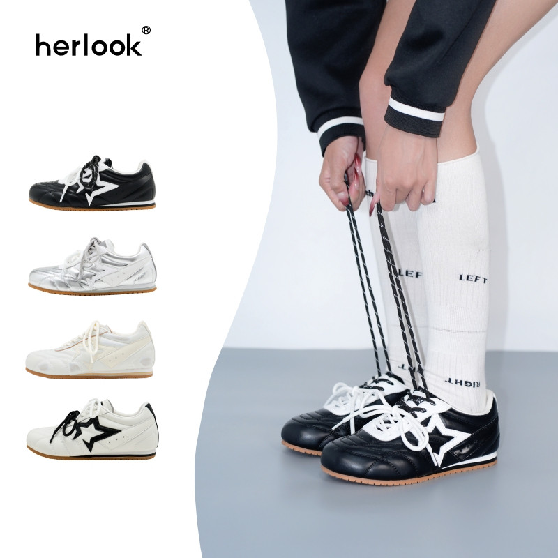 【董璇同款】HERLOOK开口星德训鞋内增高黑色圆头复古休闲阿甘鞋