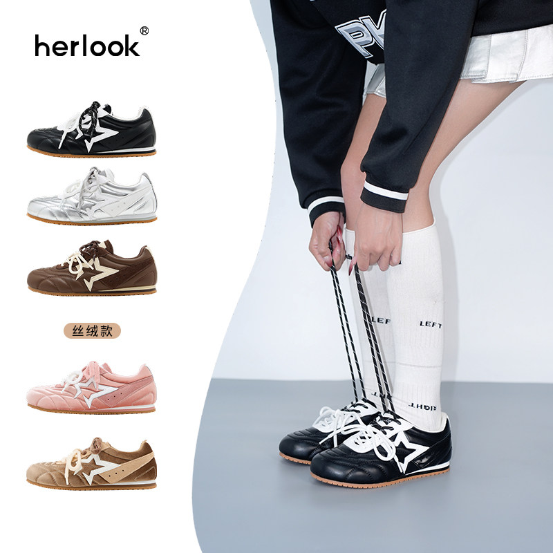 【董璇同款】HERLOOK开口星德训鞋女黑色复古休闲内增高阿甘鞋