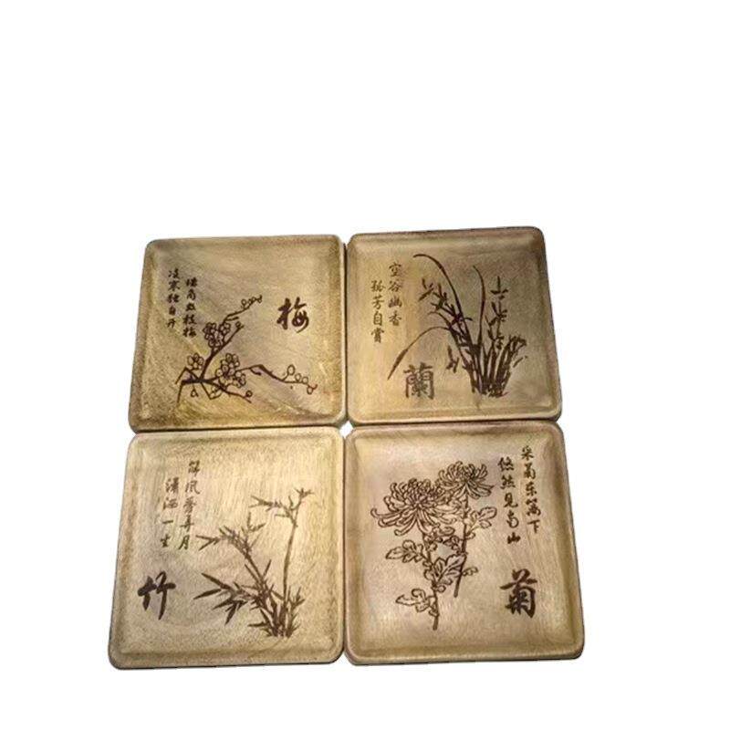 金丝楠木雕刻茶杯垫梅兰竹菊小叶桢楠雕刻印花木杯托木质工艺品