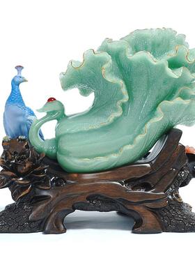 仿玉白菜孔雀富贵百财树脂工艺品摆件办公室装饰品开业乔迁礼品客