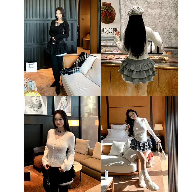 肉装小cherry 香颂可丽 微胖重工拼接多层蛋糕裙女梦幻毛呢半身裙