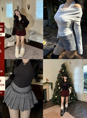 肉装小cherry 一裙两穿 时髦微胖高腰可拆卸压褶A字半身裙裤两色