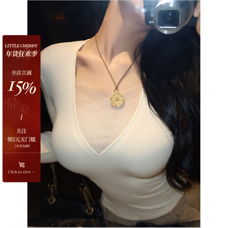 肉装小cherry 纯欲天菜 V领拼接网纱针织T恤女设计感微胖修身上衣