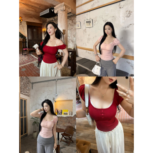 肉装小cherry 粉心序章 法式方领花苞袖微胖甜辣风修身针织上衣女