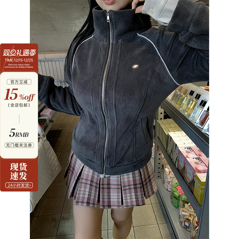 立领定标插肩袖微胖绒感休闲外套