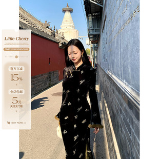 盘扣立领旗袍女秋冬国风长款 微胖新中式 拼接连衣裙 小cherry 肉装