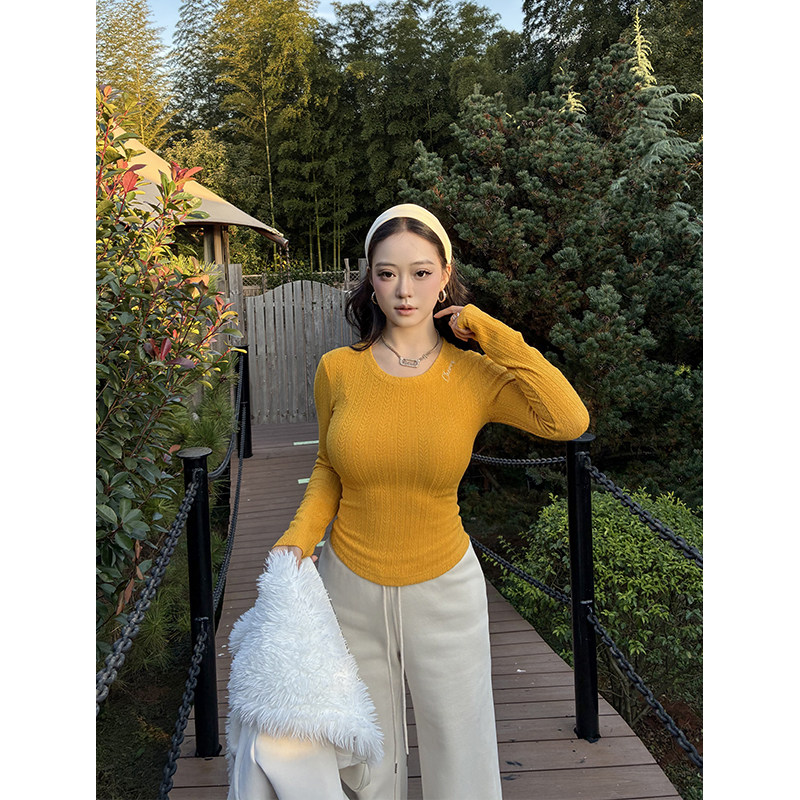 肉装小cherry 米黄暖柔 微胖撞色字母绣花气质修身提花针织上衣女