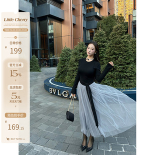 网纱拼接假两件连衣裙微胖温柔氛围感长裙 优雅诗篇 肉装 小cherry