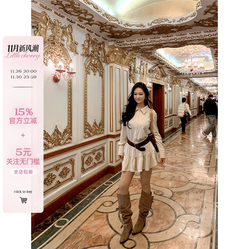 V腰显瘦甜美麂皮绒衬衫领连衣裙