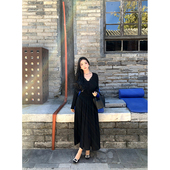 小cherry 优雅腔调 V领蕾丝微胖褶皱显瘦修身 肉装 长款 A字连衣裙秋