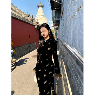 肉装小cherry 微胖新中式盘扣立领旗袍女秋冬国风长款拼接连衣裙