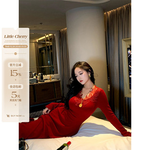 氛围感蕾丝V领针织连衣裙微胖收腰a摆长裙 气质袭击 肉装 小cherry