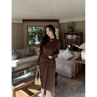 肉装小cherry 松茶可可 微胖扭结收腰显瘦莱塞尔中长款气质连衣裙