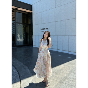 肉装小cherry 云间花雾 微胖不规则裙摆挂脖V领绑带露背连衣裙夏
