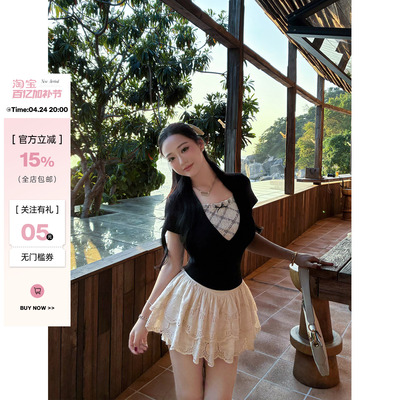 双层格纹蕾丝微胖假两件针织衫