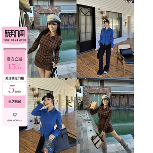 微胖收腰显瘦复古格纹显白简约纯色衬衫 棕蓝序曲 女 小cherry 肉装