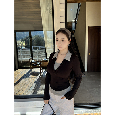 显瘦假两件拼接撞色polo领针织衫