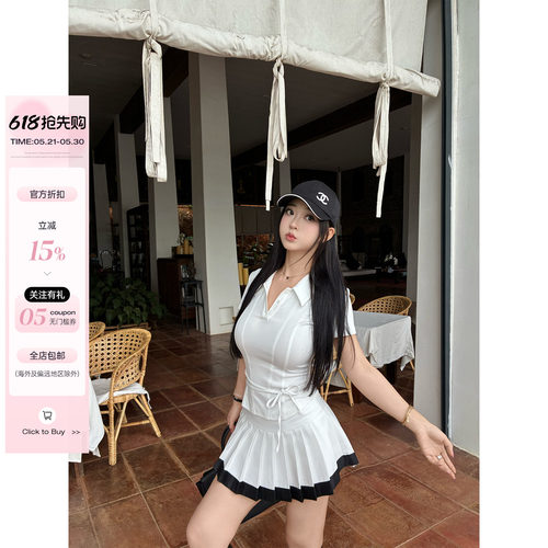 Polo领系带上衣中腰撞色百褶裙