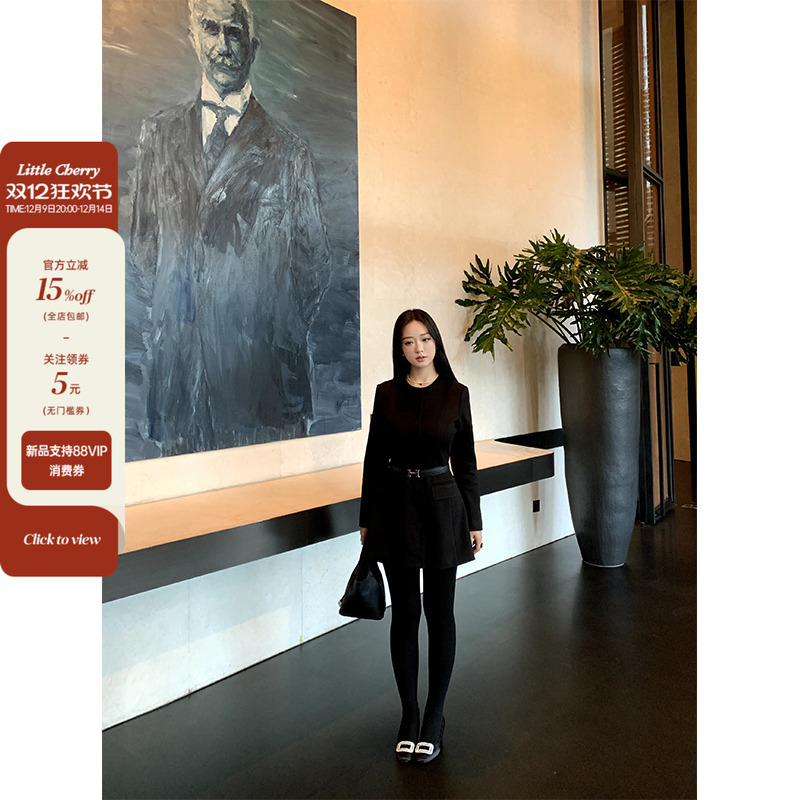 肉装小cherry 微胖毛呢外套女秋冬圆领高级感收腰呢子连衣裙