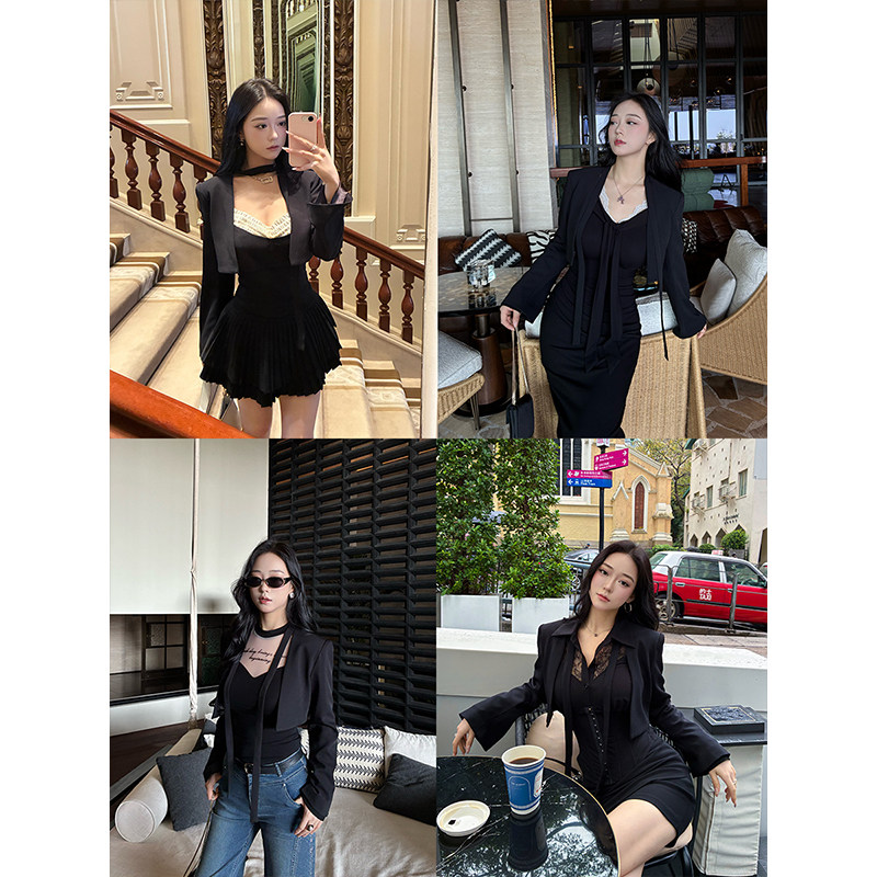 肉装小cherry 黄金比例 设计感V领飘带微胖带垫肩短款西装外套女