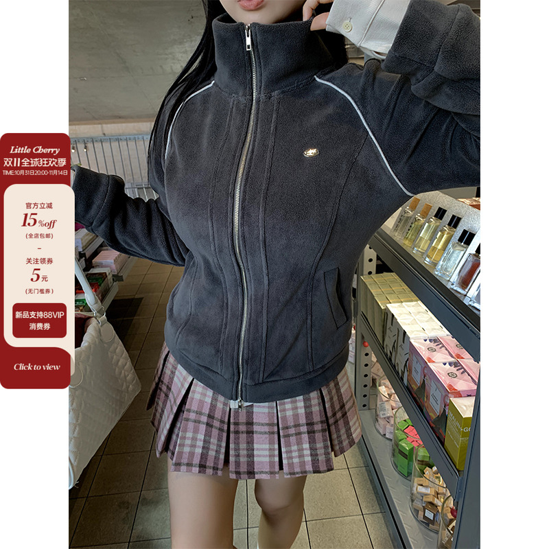 立领定标插肩袖微胖绒感休闲外套