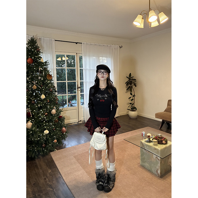 肉装小cherry 甜莓樱桃 微胖珠片绣打底衫收腰显瘦加绒长袖T恤女