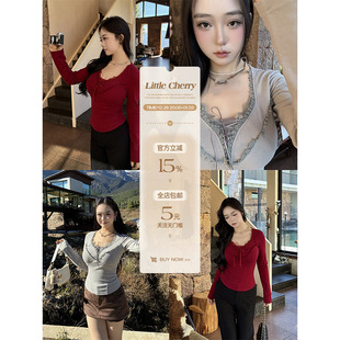 纯欲V领镂空绑带针织衫 灯下月影 微胖网纱拼接上衣 小cherry 肉装