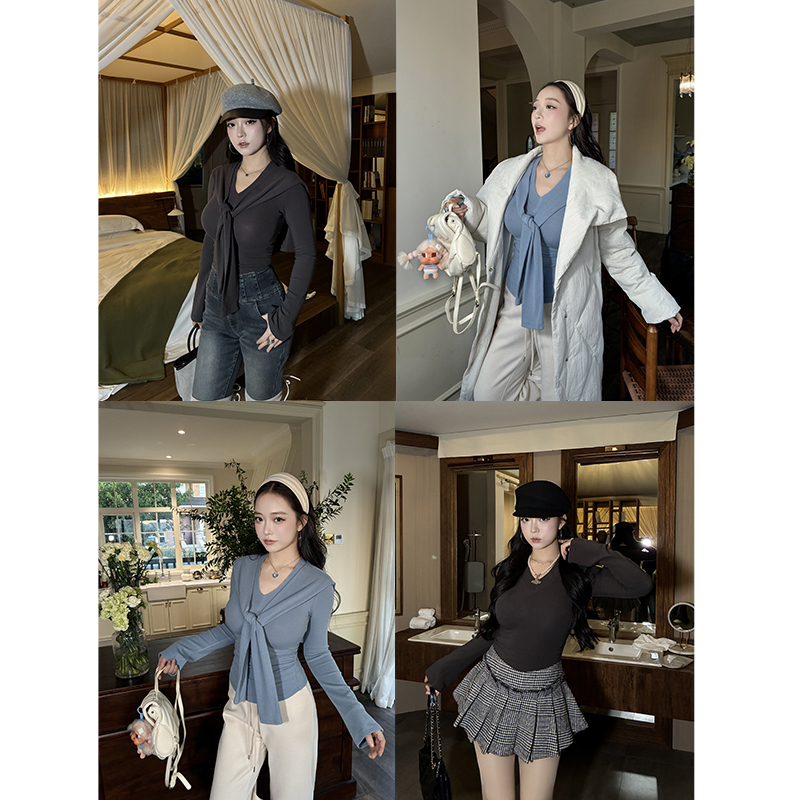 V领垫肩收腰上衣海军领披肩套装