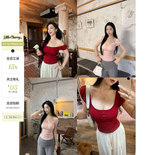 肉装小cherry 粉心序章 法式方领花苞袖微胖甜辣风修身针织上衣女