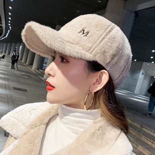 女生棒球帽冬毛绒帽子秋冬季百搭保暖鸭舌帽韩版潮街头羊羔毛百搭
