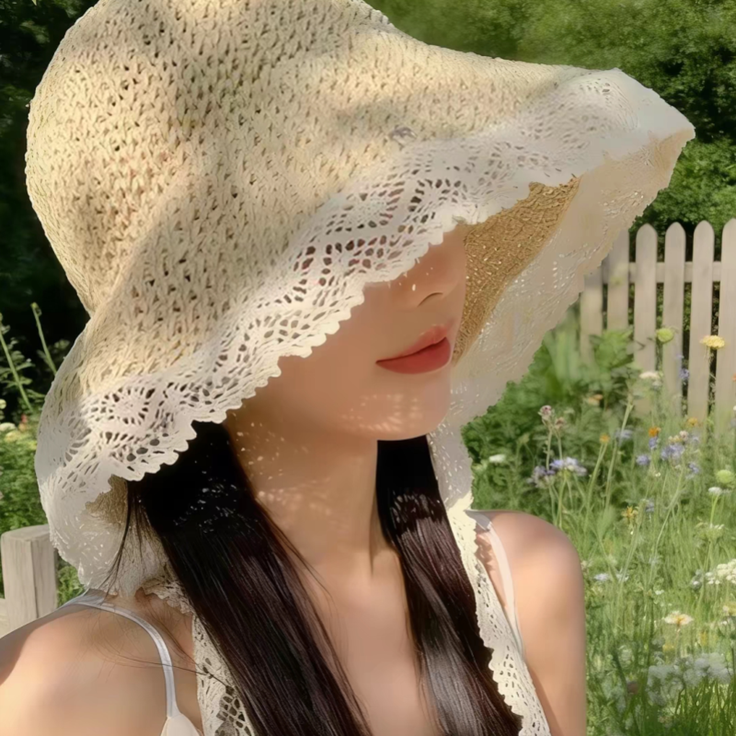 帽子飘带渔夫帽镂空蕾丝系带草帽女夏季大帽檐防晒遮阳草编太阳帽