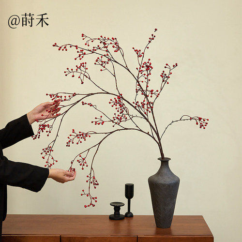 蔷薇果仿真红果枝条禅意假花