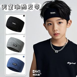 儿童运动针织发带街舞潮酷黑色头巾男童宽边抹额跑步篮球吸汗头饰