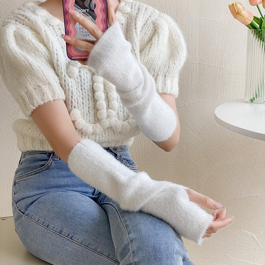 加长手臂套秋冬季手套女月子拍照黑色白色袖套多巴胺护袖保暖女生