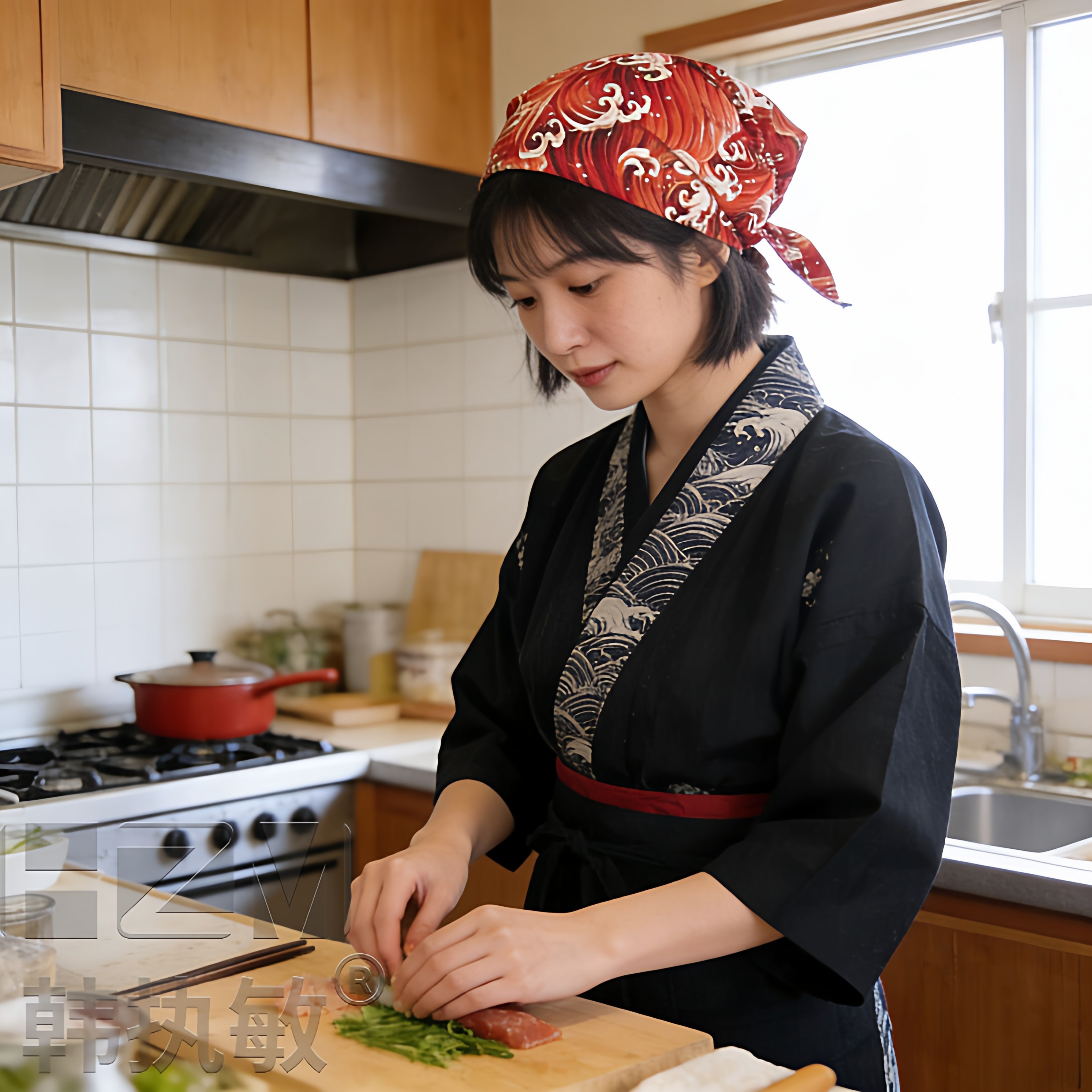 日式厨房帽子帽服务员工作包头寿司帽厨师帽料理日系头巾系带调节