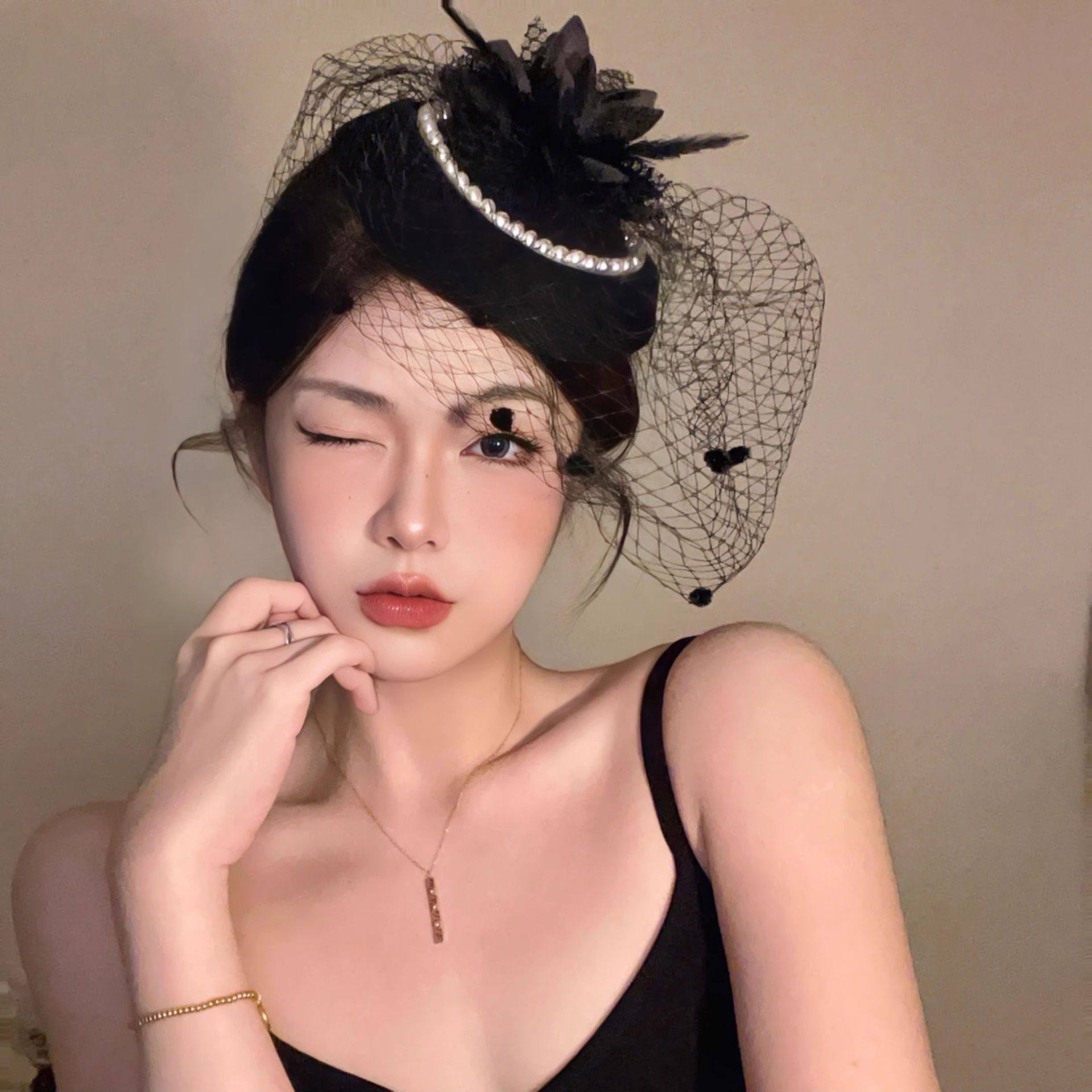 复古民国网纱黑色礼帽女头饰新娘面纱名媛旗袍晚宴礼服舞台赛马会 - 实物图