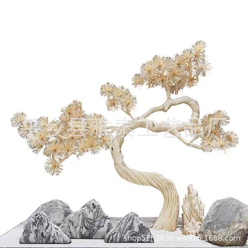 仿真迎客松造型松树摆件雪松枯木实木造景酒店玄关景观新中式假树