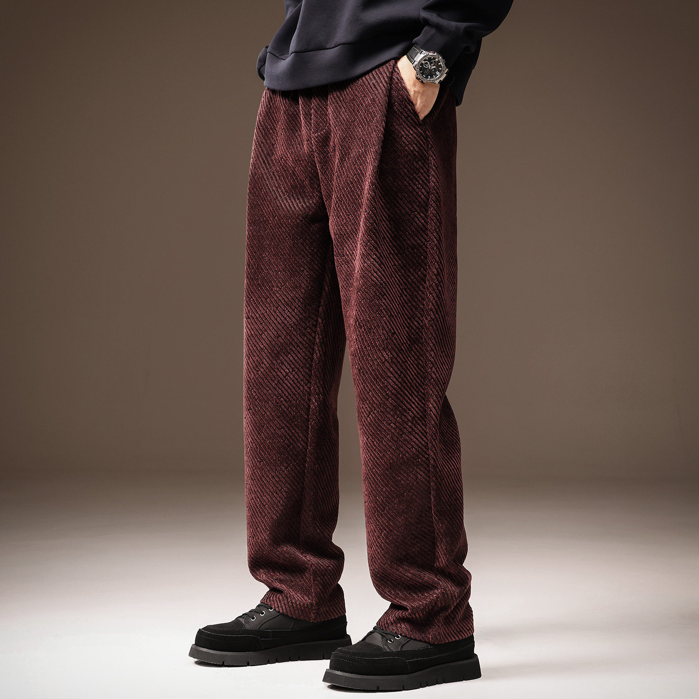 高端软糯雪尼尔美式复古重磅休闲裤男秋季直筒加绒潮牌斜阔腿卫裤