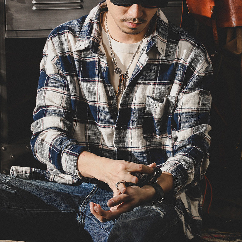 美式重磅复古加厚格子衬衫男长袖宽松秋季日系衬衣男士秋冬款外套