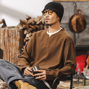 美式复古400g重磅欧棉绒长袖T恤男春秋款假两件美拉德加绒亨利衫