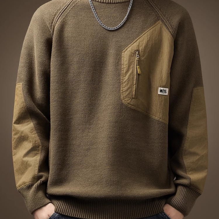 重磅复古高端美式拼色口袋毛衣男