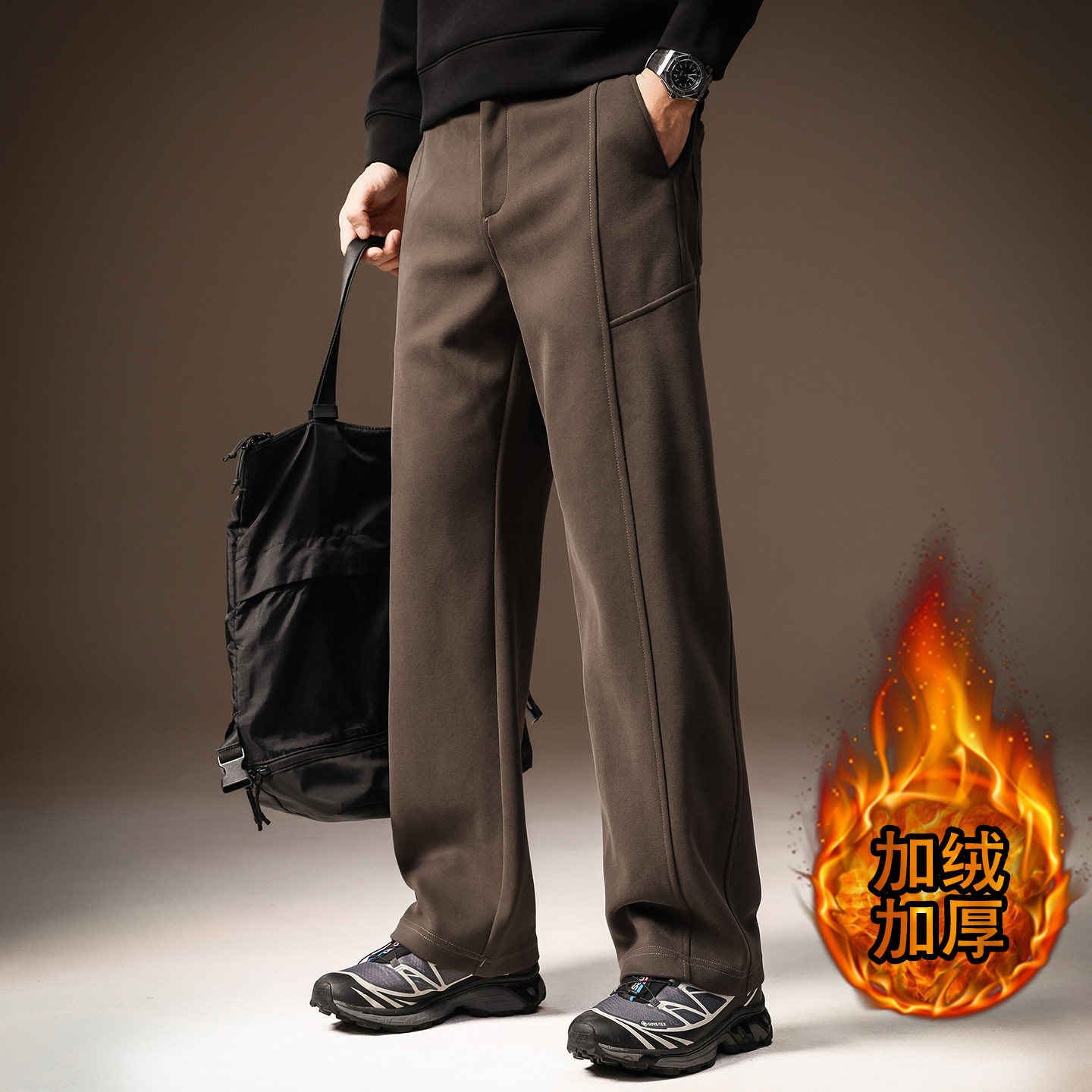 高端美式重磅针织卫裤男百搭秋冬加绒宽松直筒运动休闲裤子男