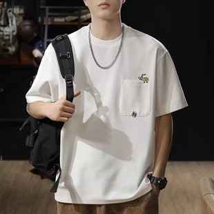 抗皱华夫格刺绣短袖T恤男2025夏季新款男士宽松白色半袖t男款衣服