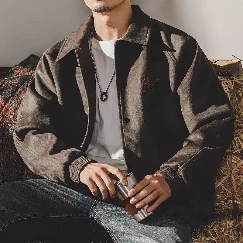 美式重磅麂皮棒球服外套男秋冬款棉服2024新款空气层潮牌教练夹克