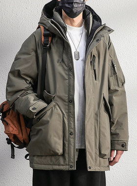 全定制雾绿色工装羽绒服男士中长款冬季加绒加厚保暖冲锋衣男外套