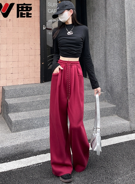 运动裤女款2026新款红色直筒阔腿裤休闲宽松慵懒松弛感卫裤子